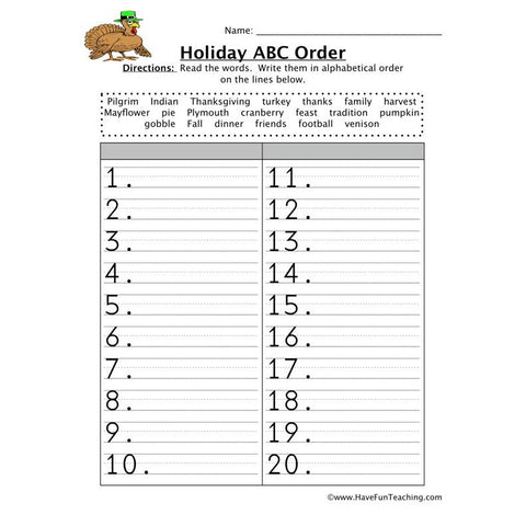 Thanksgiving ABC Order Worksheet