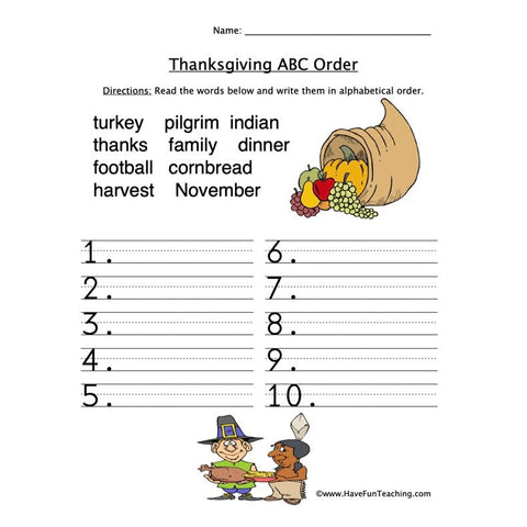 Thanksgiving Alphabetical Order Worksheet
