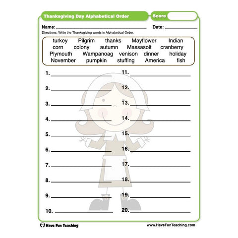 Thanksgiving Day ABC Order Worksheet
