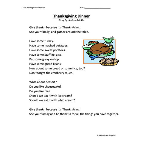 Thanksgiving Dinner Reading Comprehension Worksheet