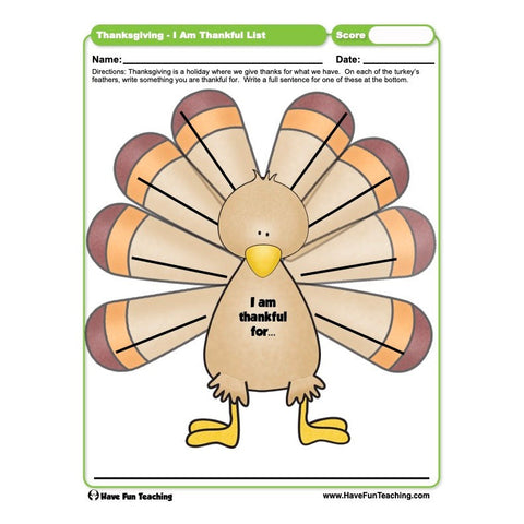 Thanksgiving I Am Thankful List Worksheet