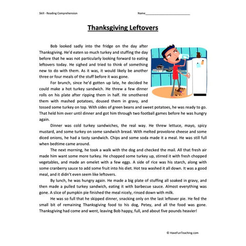 Thanksgiving Leftovers Reading Comprehension Worksheet