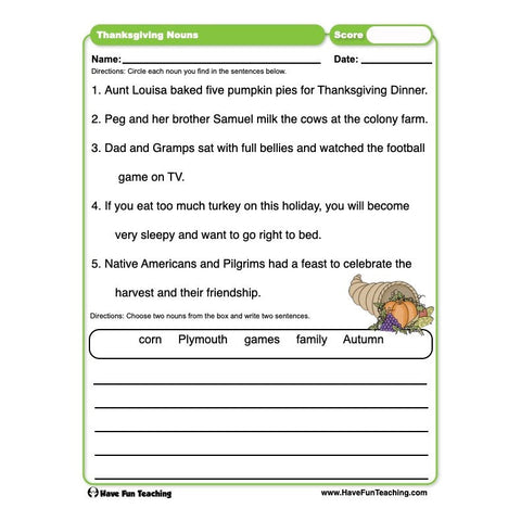 Thanksgiving Nouns Worksheet