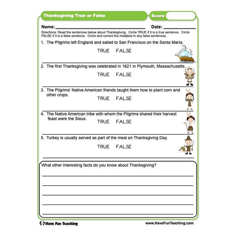Thanksgiving True or False Worksheet