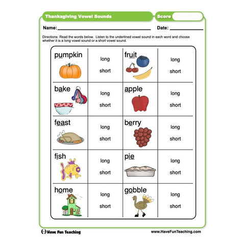 Thanksgiving Vowel Sounds Worksheet