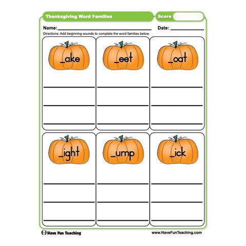 Thanksgiving Word Families Worksheet