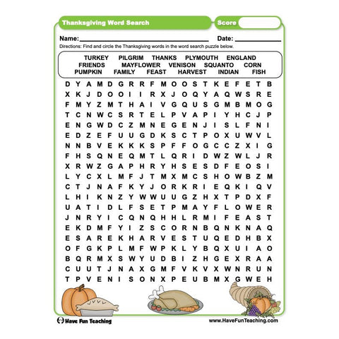 Thanksgiving Word Search Worksheet