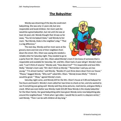 The Babysitter Reading Comprehension Worksheet