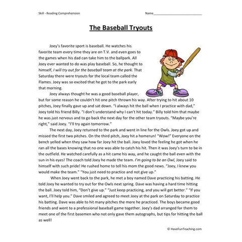 The Baseball Tryouts Reading Comprehension Worksheet