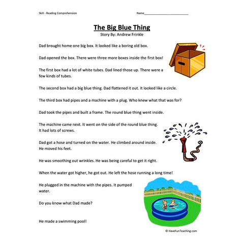 The Big Blue Thing Reading Comprehension Worksheet