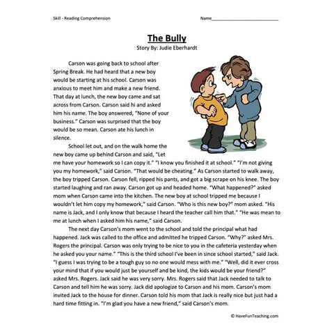 The Bully Reading Comprehension Worksheet