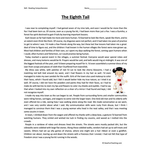 The Eighth Tail Reading Comprehension Worksheet