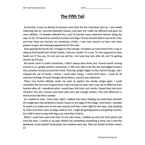 The Fifth Tail Reading Comprehension Worksheet