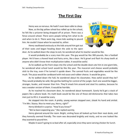 The First Day Reading Comprehension Worksheet