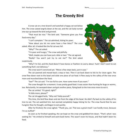 The Greedy Bird Reading Comprehension Worksheet