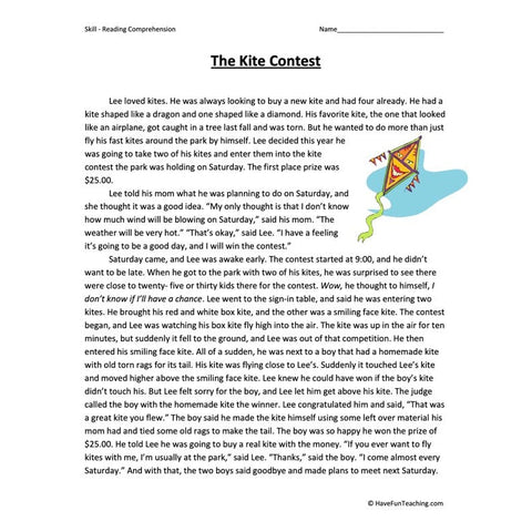 The Kite Contest Reading Comprehension Worksheet