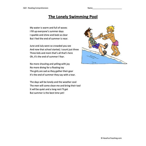 The Lonely Swimming Pool Reading Comprehension Worksheet