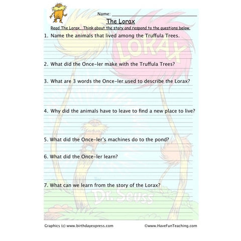 The Lorax Reading Comprehension Worksheet