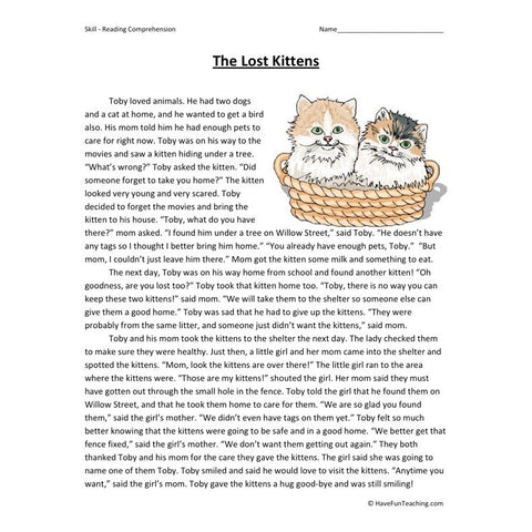 The Lost Kittens Reading Comprehension Worksheet