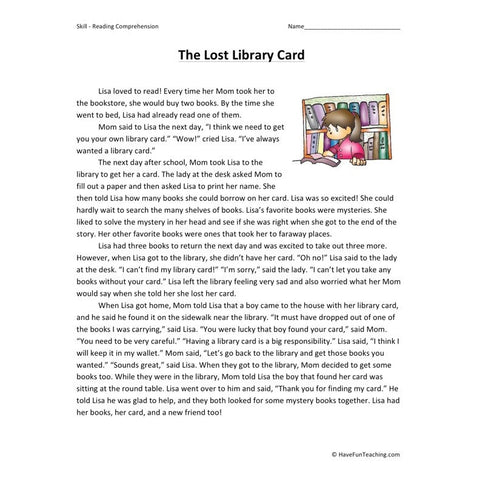 The Lost Library Card Reading Comprehension Worksheet