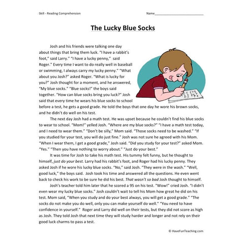 The Lucky Blue Socks Reading Comprehension Worksheet