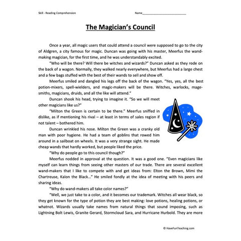 The Magicians Council Reading Comprehension Worksheet