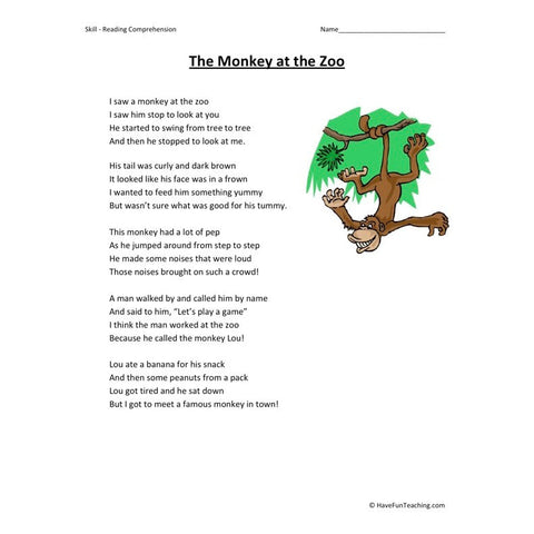 The Monkey at the Zoo Worksheet