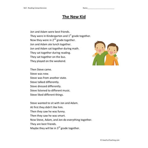 The New Kid Reading Comprehension Worksheet