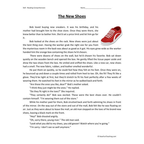 The New Shoes Reading Comprehension Worksheet