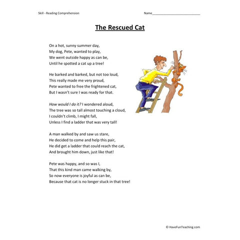 The Rescued Cat Reading Comprehension Worksheet
