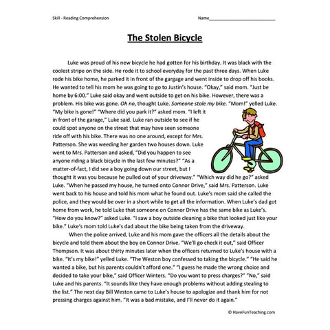 The Stolen Bicycle Reading Comprehension Worksheet