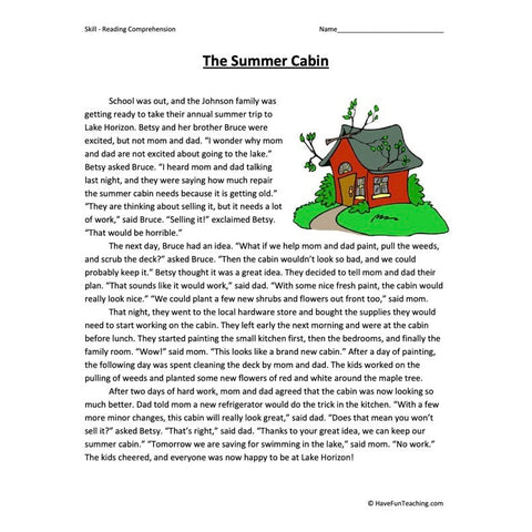 The Summer Cabin Reading Comprehension Worksheet