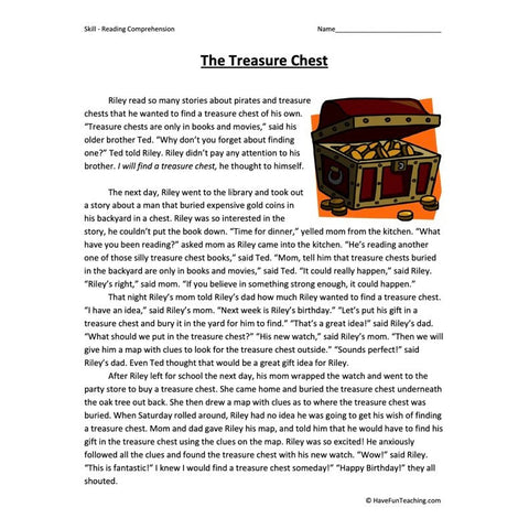 The Treasure Chest Reading Comprehension Worksheet