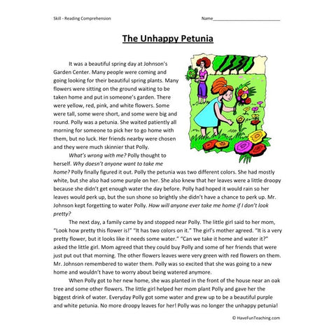 The Unhappy Petunia Reading Comprehension Worksheet