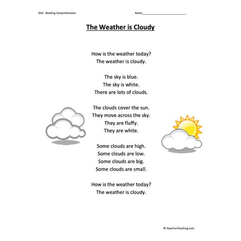 The Weather Is Cloudy Kindergarten Reading Comprehension Worksheet