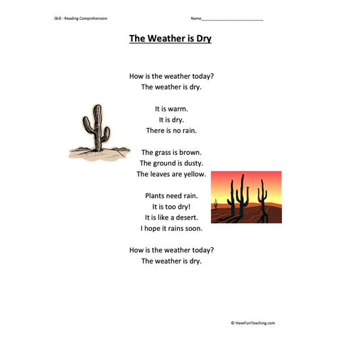 The Weather Is Dry Kindergarten Reading Comprehension Worksheet