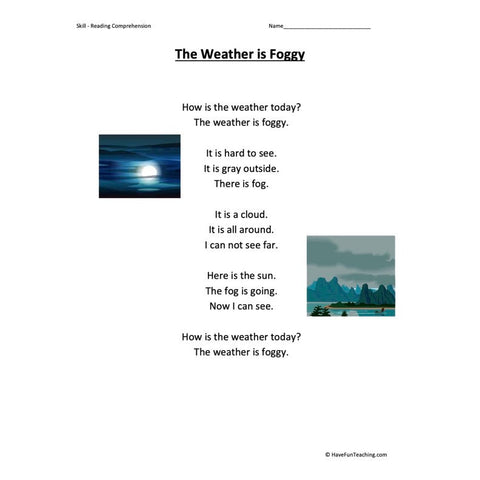 The Weather Is Foggy Kindergarten Reading Comprehension Worksheet