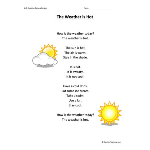 The Weather Is Hot Kindergarten Reading Comprehension Worksheet