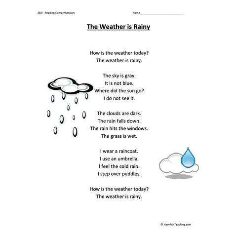 The Weather Is Rainy Kindergarten Reading Comprehension Worksheet