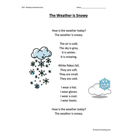 The Weather Is Snowy Kindergarten Reading Comprehension Worksheet
