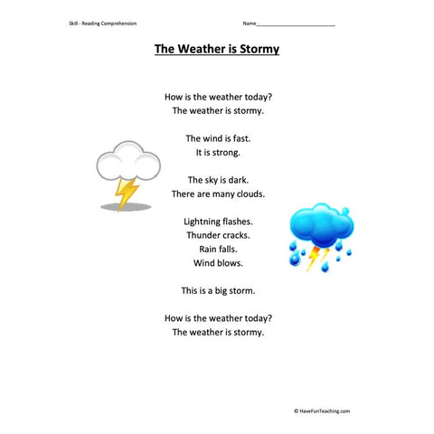 The Weather Is Stormy Kindergarten Reading Comprehension Worksheet