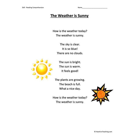 The Weather Is Sunny Kindergarten Reading Comprehension Worksheet