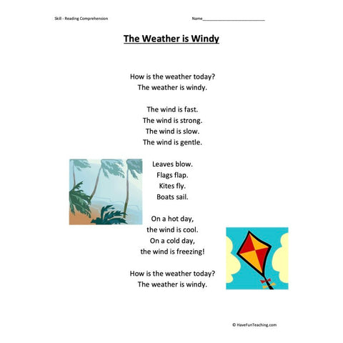 The Weather Is Windy Kindergarten Reading Comprehension Worksheet