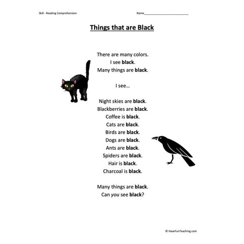 Things That Are Black Kindergarten Reading Comprehension Worksheet