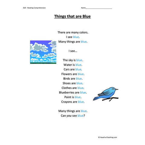 Things That Are Blue Kindergarten Reading Comprehension Worksheet