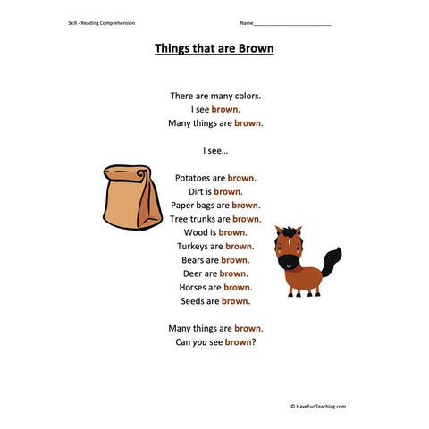 Things That Are Brown Kindergarten Reading Comprehension Worksheet