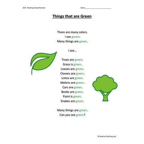 Things That Are Green Kindergarten Reading Comprehension Worksheet