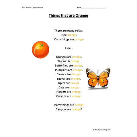 Things That Are Orange Kindergarten Reading Comprehension Worksheet