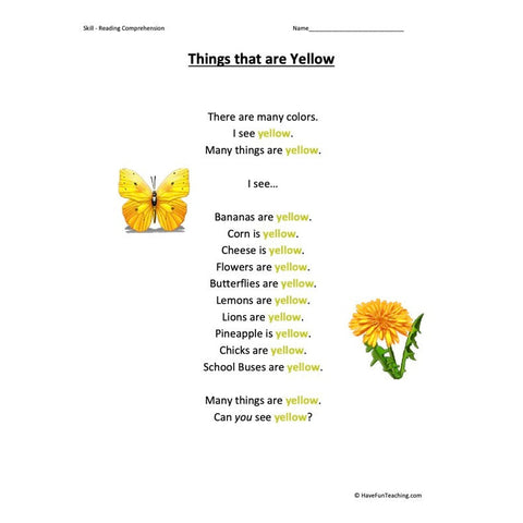 Things That Are Yellow Kindergarten Reading Comprehension Worksheet