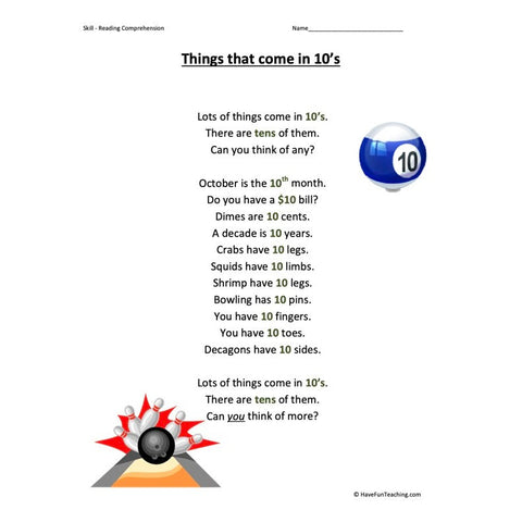 Things That Come in 10s Kindergarten Reading Comprehension Worksheet